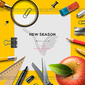 New school season template with office supplies - vector clip art