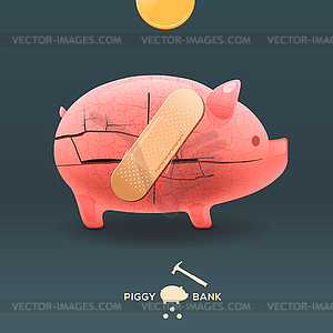 Piggy breaking moneybox with coin and stuck plaster - vector image