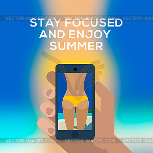 Beach concept, hand holding smartphone and make - vector clip art