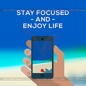 Summertime concept, smartphone make picture of beach - royalty-free vector clipart