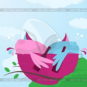 Two drunk little birds in nest - vector image