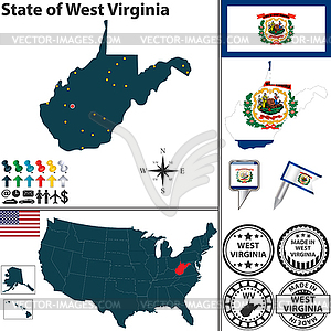 Карта государственной Западной Вирджинии, США - векторизованное изображение