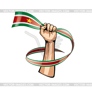 Suriname flag and hand - vector image