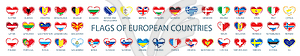 Collection of flags of Europe in form of hearts - vector clip art