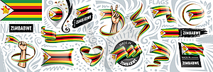 Set of national flag of Zimbabwe in various creativ - vector image