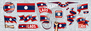 Set of national flag of Laos in various creative - vector image