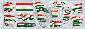 Набор государственного флага Таджикистана в различных - иллюстрация в векторном формате