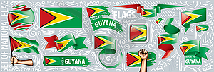 Set of national flag of Guyana in various creative - vector clip art