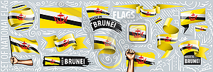 Набор национального флага Брунея в различных творческих - рисунок в векторе