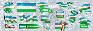 Set of national flag of Uzbekistan in various - vector clip art