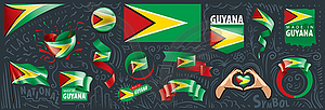 Set of national flag of Guyana in various creative - vector clip art