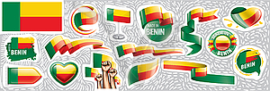 Набор национального флага Бенина в различных творческих - изображение векторного клипарта