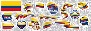 Set of national flag of Colombia in various creativ - vector image