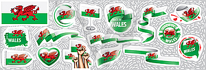 Set of national flag of Wales in various creative - vector image