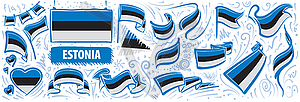 Набор государственного флага Эстонии в различных - векторный клипарт / векторное изображение