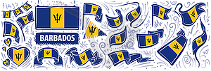 Set of national flag of Barbados in various creativ - vector image