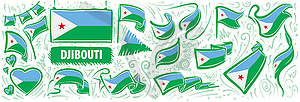 Set of national flag of Djibouti in various creativ - vector image