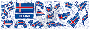 Набор национального флага Исландии в различных - векторный клипарт
