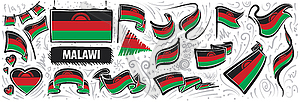 Set of national flag of Malawi in various creative - vector image