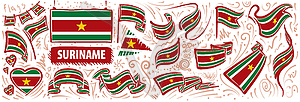 Set of national flag of Suriname in various creativ - vector image