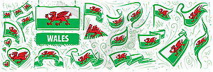 Set of national flag of Wales in various creative - vector clipart