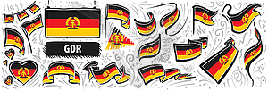 Set of national flag of GDR in various creative - vector image