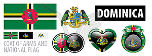 Set of coat of arms and national flag of Dominica - vector image