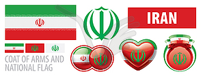 Set of coat of arms and national flag of Iran - vector image
