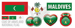 Set of coat of arms and national flag of Maldives - vector image