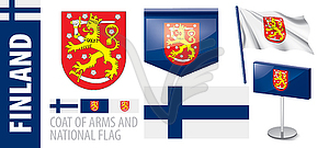 Set of coat of arms and national flag of Finland - vector image