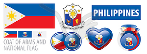 Set of coat of arms and national flag of Philippines - vector image