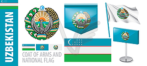 Set of coat of arms and national flag of Uzbekistan - vector image