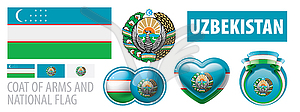 Set of coat of arms and national flag of Uzbekistan - vector clip art