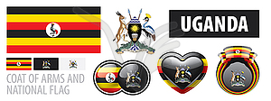 Set of coat of arms and national flag of Uganda - vector image