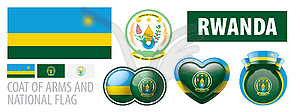 Set of coat of arms and national flag of Rwanda - vector clip art