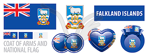 Set of coat of arms and national flag of Falkland - vector clipart