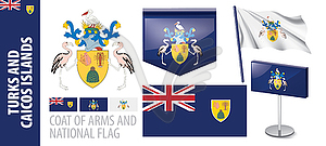 Set of coat of arms and national flag of Turks and - vector clip art