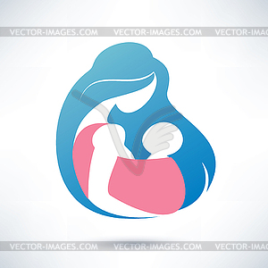 Mother holding baby in sling, symbol - vector image