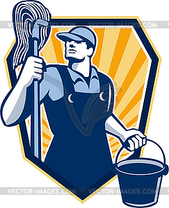 Janitor Cleaner Hold Mop Bucket Shield Retro - vector image