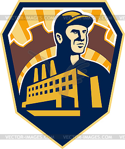 Factory Worker Building Cog Shield Retro - vector clipart