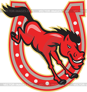 Red Horse Jump Over Horseshoe - vector image