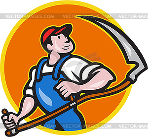 Farmer Worker Holding Scy Circle Cartoon - vector image