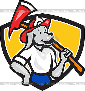 Dog Fireman Firefighter Fire Axe Shield Cartoon - vector clip art