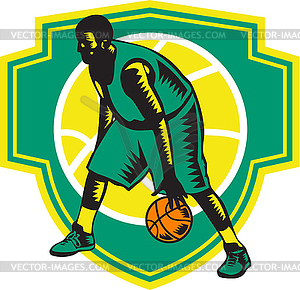 Basketball Player Dribbling Ball Woodcut Shield - royalty-free vector clipart