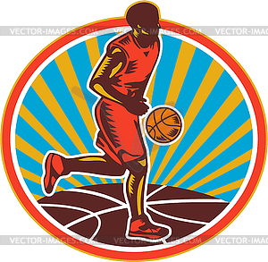 Basketball Player Dribbling Ball Woodcut Retro - vector image