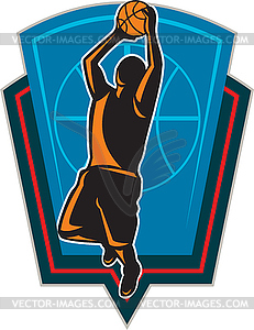 Basketball Player Rebounding Ball Shield Retro - vector clipart