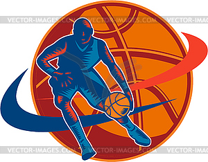 Basketball Player Dribbling Ball Woodcut Retro - color vector clipart