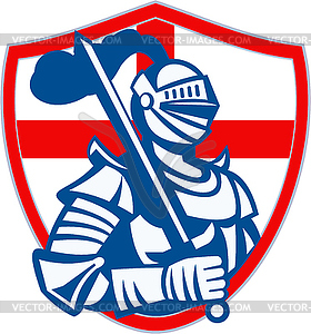 English Knight Hold Sword England Shield Flag Retro - vector image