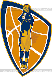 Basketball Player Jump Shot Ball Shield Retro - vector clipart