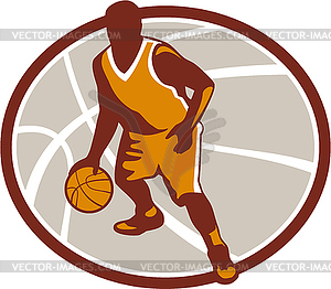 Basketball Player Dribbling Ball Oval Retro - vector clip art